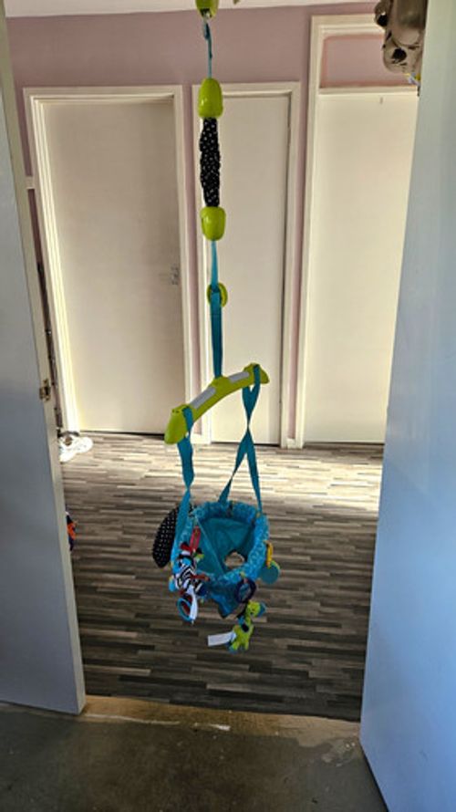 Bright Starts Safari Door Bouncer Baby Jumper Seat with Hanging Toys Blue/Green