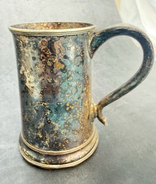 Antique Old Sheffield Plate Silver on Copper Tankard Mug Wood Base Bird Handle