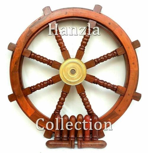 36" Vintage Brass Brown Wooden Ship Steering Wheel Wall Boat Nautical Décor...