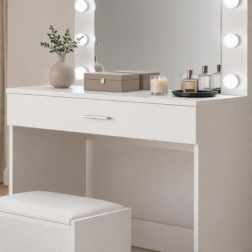 White Dressing Table with LED Lights Mirror and Stool Makeup Vanity Table Set — image 5
