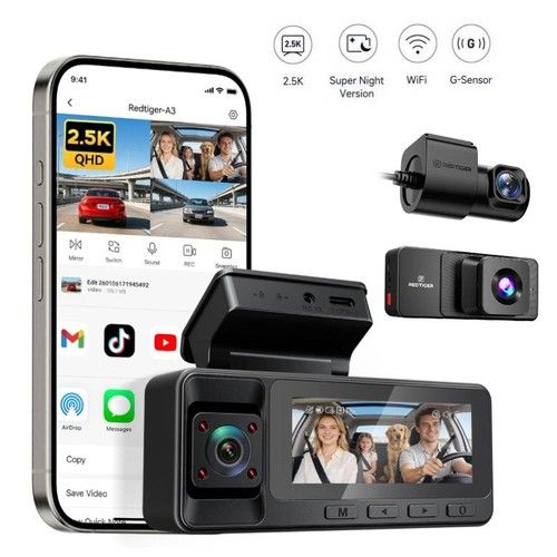 REDTIGER 2.5K 3-channel 3.18'' Dash Cam WiFi 2.5K+1080P+1080P Loop Recording