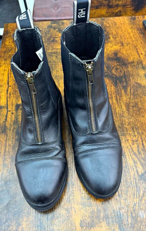 HY Black Leather Front Zip Paddock/Jodhpur Riding Boots Unisex UK 5