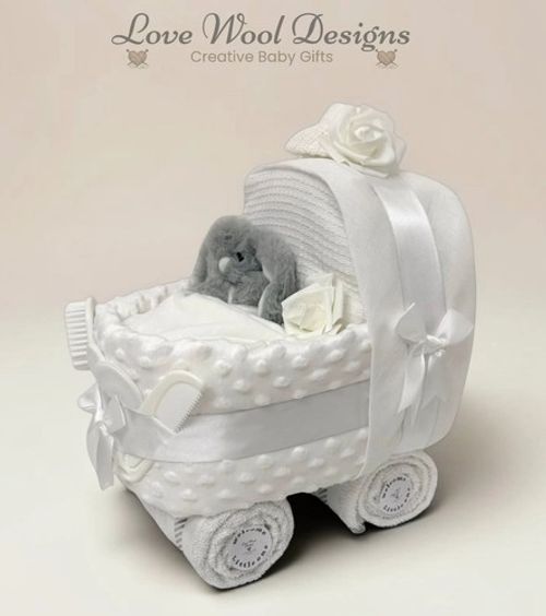 NAPPY CAKE PRAM baby girl or baby boy for baby shower or maternity gift white