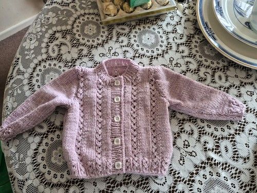 Brand New Hand Knitted Patterned Front Caedigan In Soft Lilac. Chest Size 20"