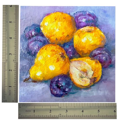 Original Pears Plums Oil Painting Still Life 6x6in Fruit •Signed by OlgaS — image 5
