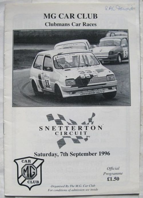 SNETTERTON 7 Sep 1996 MG Car Club Clubmans Car Races Official Programme