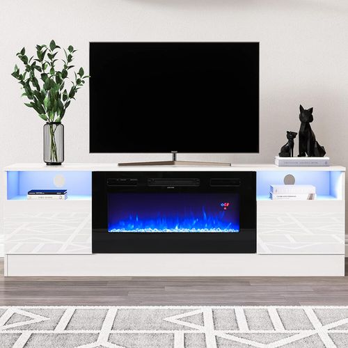 Modern 70" TV Stand Cabinet Unit with 12 LED Light Insert 32" Electric Fireplace — image 14