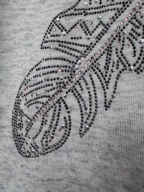 Women Grey Knit V-Neck Pullover Jumper Feather Rhinestone Studs Long Sleeve 10 — image 2