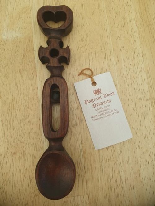 Vintage Welsh Love Spoon Pageant Wood Products Hand Carved Ball in Cage Treen