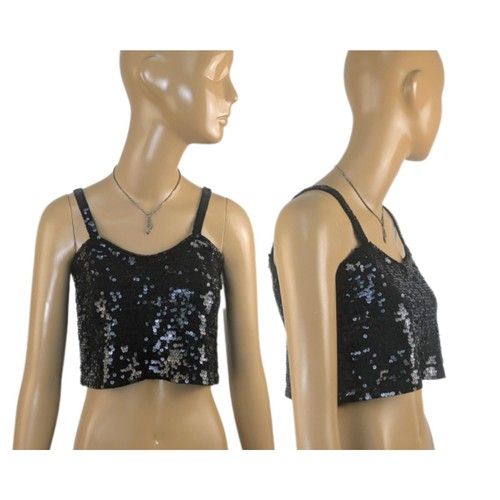 Vintage 1990s Black Sequin Strapless Crop Top Y2K Party Going Out Top