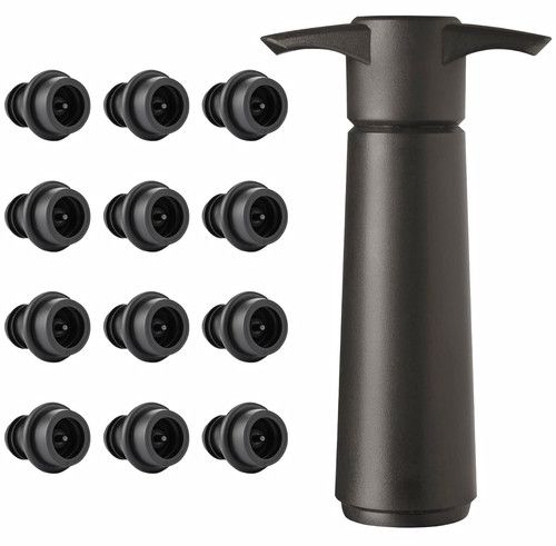 Wine Bottle Vacuum Pump & 12x Reusable Stoppers Set Black Plastic Modern