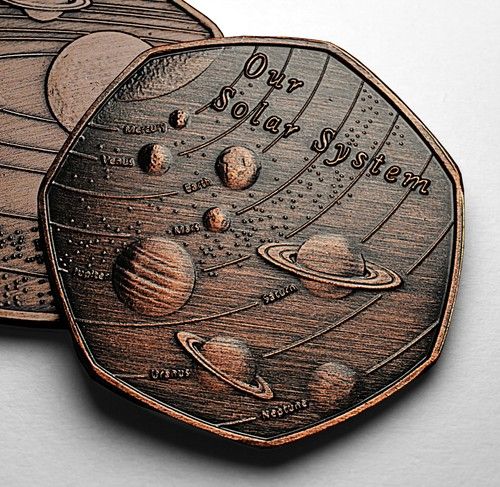 OUR SOLAR SYSTEM Antique Bronze Commemorative Coin. Earth/Mars/Moon/Astronomy