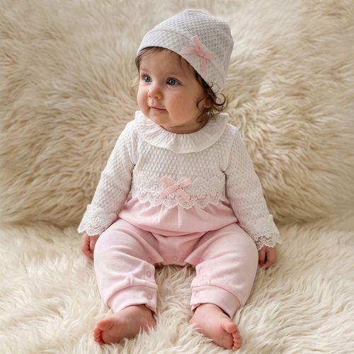 Baby Girl Cotton Romper Hat Outfit Lace PINK — image 4
