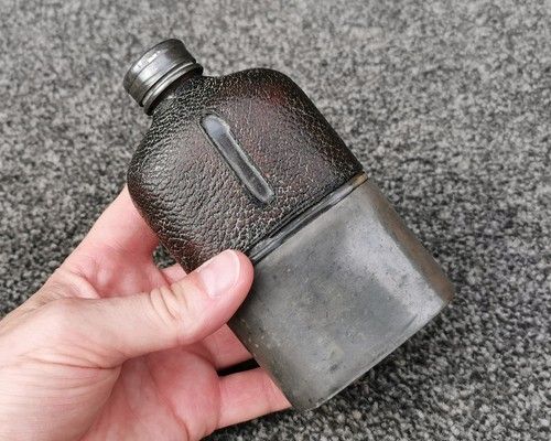 Vintage Blown Glass Hip Flask Leather Pewter Cup Display Collectable Prop Only