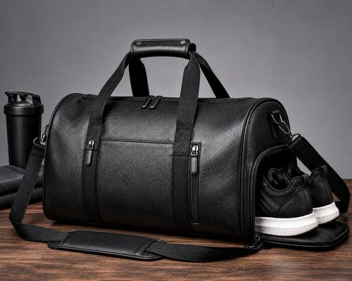 Unbranded Men's Black Leather Gym Bag Travel Duffel Weekend Bag Shoe Pocket