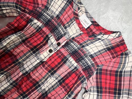 NEXT Girls Long Sleeve Tartan Check Smocked Dress Red Navy 2-3 Years Winter — image 3