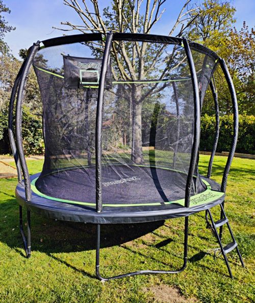 JumpFlex 12ft Spring Powered Trampoline with Safety Enclosure, Ladder & Hoop