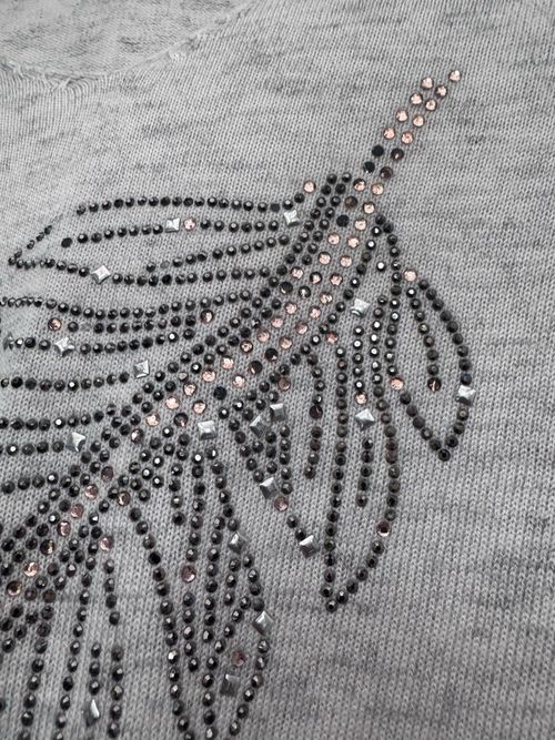 Women Grey Knit V-Neck Pullover Jumper Feather Rhinestone Studs Long Sleeve 10 — image 3