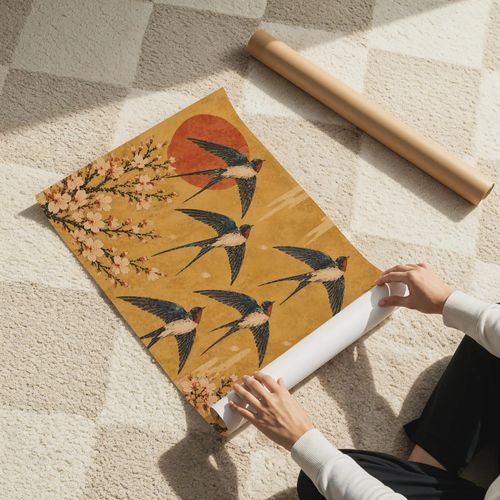 Japanese Swallows Cherry Blossom Poster, Red Sun Bird Wall Art, Ukiyo-e Style — image 4