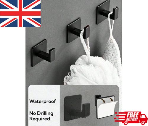 "Black Self Adhesive Towel Hook No Drill Wall Mount Bathroom Robe Hanger UK "