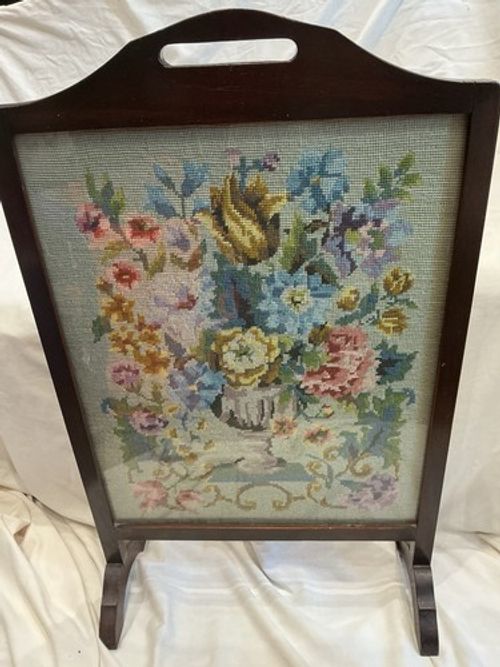Vintage Mahogany Needlepoint Fire Screen Floral Tapestry Panel Fireplace Guard