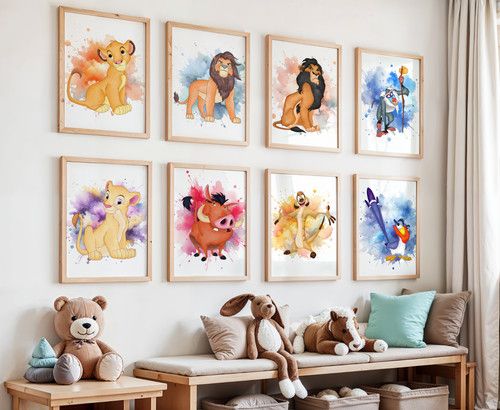 Lion King Wall Art Prints, Kids Bedroom Watercolour Wall Decor, Nursery Wall Art