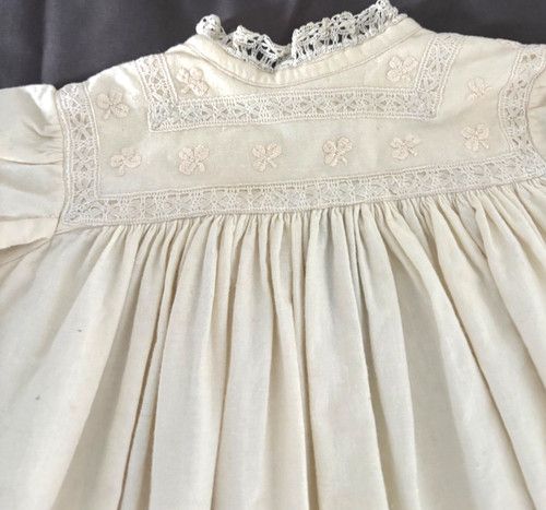 Vintage Christening Gown Ivory Flannelette Embroidered Baptism Robe 96cm 1950s