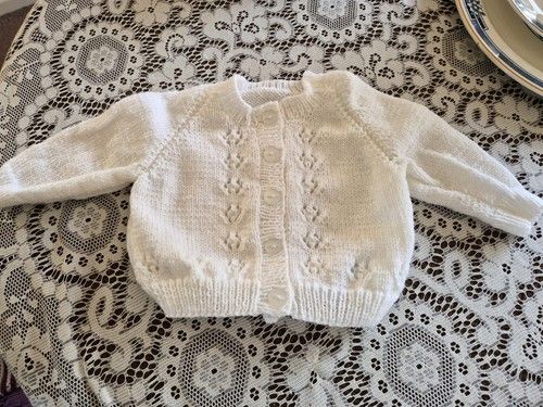 Brand New Hand Knitted 4ply White Cardigan With Patterned Front.
