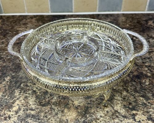 Vintage Mayell England Cut Crystal Divided Serving Dish ELL Silver-plated stand — image 1
