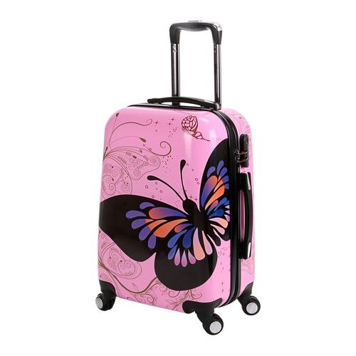 Hard Shell 4 Wheel Suitcase PC Luggage Trolley Case Cabin Hand Butterfly - Pink