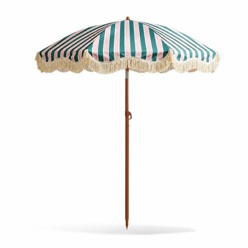 Striped Patio Umbrella Tiltable Fringe Umbrella Elegant for Beach, Garden