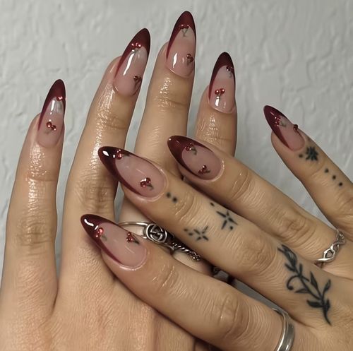 24pcs Burgundy Almond Press-On Nails Each Nail Adorned with 3D Red Cherry Design — image 6