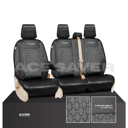 FORD TRANSIT CUSTOM TAILORED QUILTED SEAT COVERS HEAVY DUTY BLACK 2013-2023 LOGO