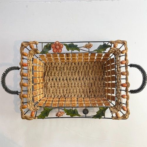 Vintage Wicker Ceramic Floral Metal Frame Handle Fruit Table Basket