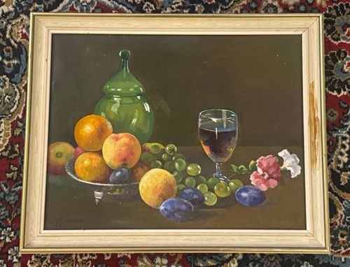 H Bullock Signed Original Oil Painting Fruit Grapes Wine Still Life Framed 21in — image 1