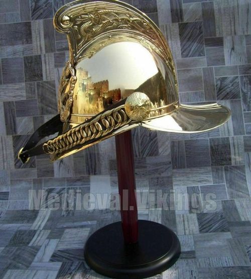 Brass Vintage Style Chief British Fireman Helmet With Wooden Stand Collectible