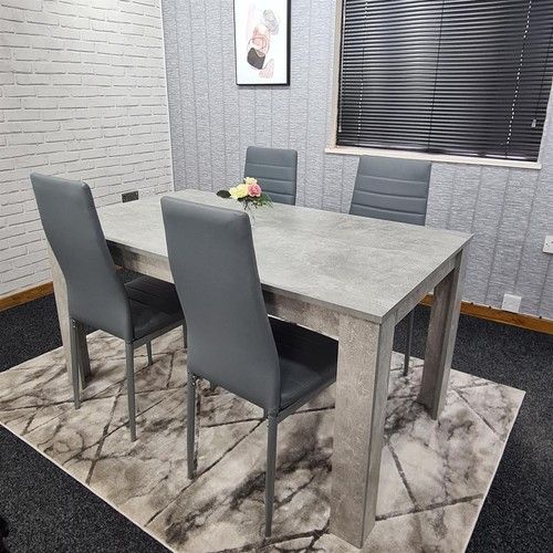 Modern Grey Dining Table Set with 4 Faux Leather Chairs Dining Room Furniture