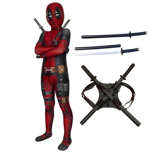Kids Boys Deadpool Costume Superhero Cosplay Jumpsuit Mask Fancy Dress Halloween