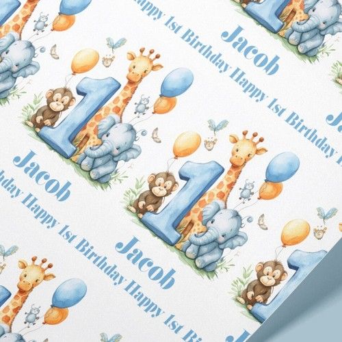 Wrapping Paper Blue 1st Birthday Personalised Name Safari Baby Boy Gift Wrap