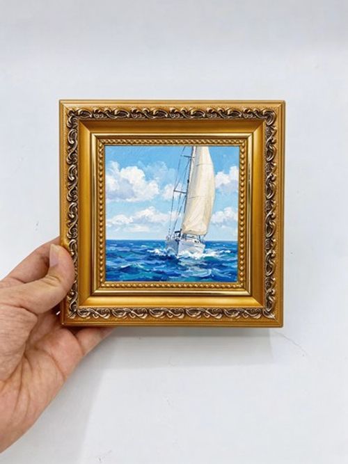 White Sailboat Bright Ocean Oil Painting, custom oil painting from photo