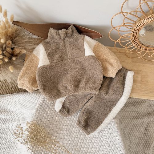 Winter Boys and Girls Color-block Thickened Lamb Velvet Suit Two-piece Outfit — image 5