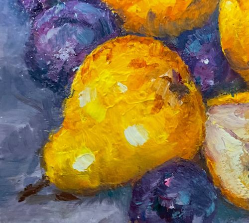 Original Pears Plums Oil Painting Still Life 6x6in Fruit •Signed by OlgaS — image 7