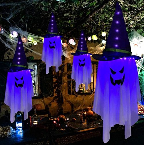 Hanging LED Light-Up Ghost with Witch Hat Halloween Decoration flying ghost