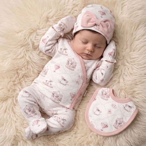 Baby Girl 5 Piece Cotton Layette Gift Set Fairground Ballons PINK 0-3m — image 2