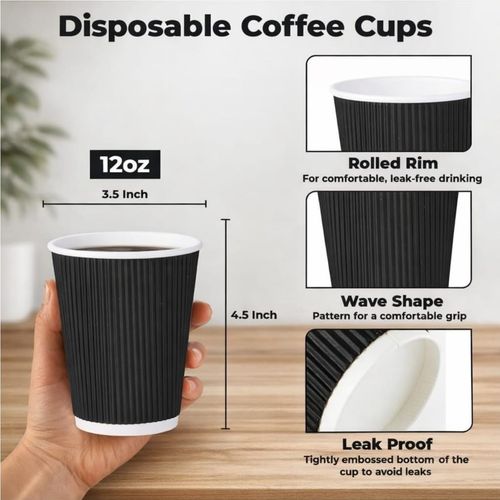 100 Pack Ripple Paper Coffee Cups & Lids | Disposable Hot Drink Cups | Black | — image 4