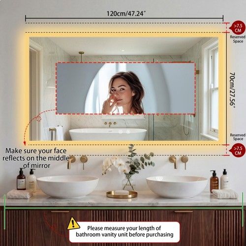 LUVODI Rectangular Bathroom LED Mirror Anti-Fog Touch Sensor De-Fog HD 100/120cm