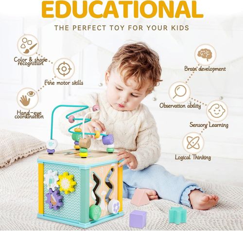 Wooden Activity Cube Toy 5 in 1 Bead Maze Shape Sorter Montessori Educational — image 4
