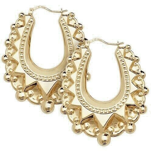 Victorian 9ct Yellow Gold on Silver LARGE Spiked Oval Gypsy Creole Hoop Earrings