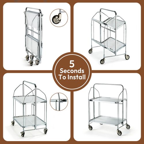 2-Tier Folding Kitchen Trolley Serving Trolley Serving Cart with Wheels Silver — image 5