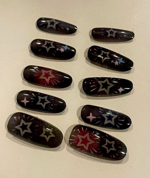 Shiny Full Cover Oval Press-On Nails, Medium, Black Multicolour Star Print — image 1